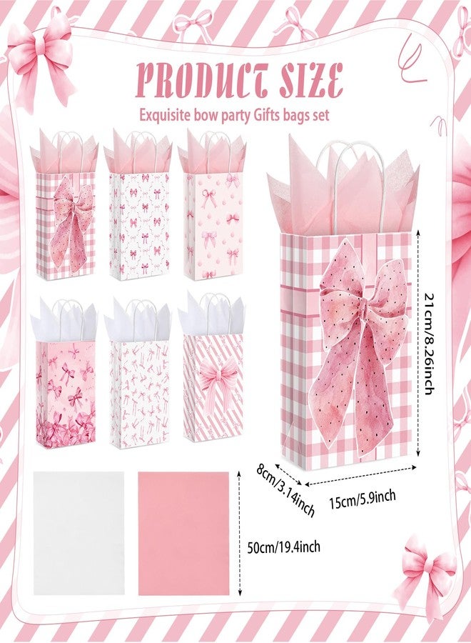 MotiMind 24 Pcs Christmas Pink Bow Paper Gift Bags with Tissue Papers Women Coquette Birthday Party Favor Bag with Handles Goodie Candy Sack for Bachelorette Bridal Shower Wedding(White Pink) - Image 2